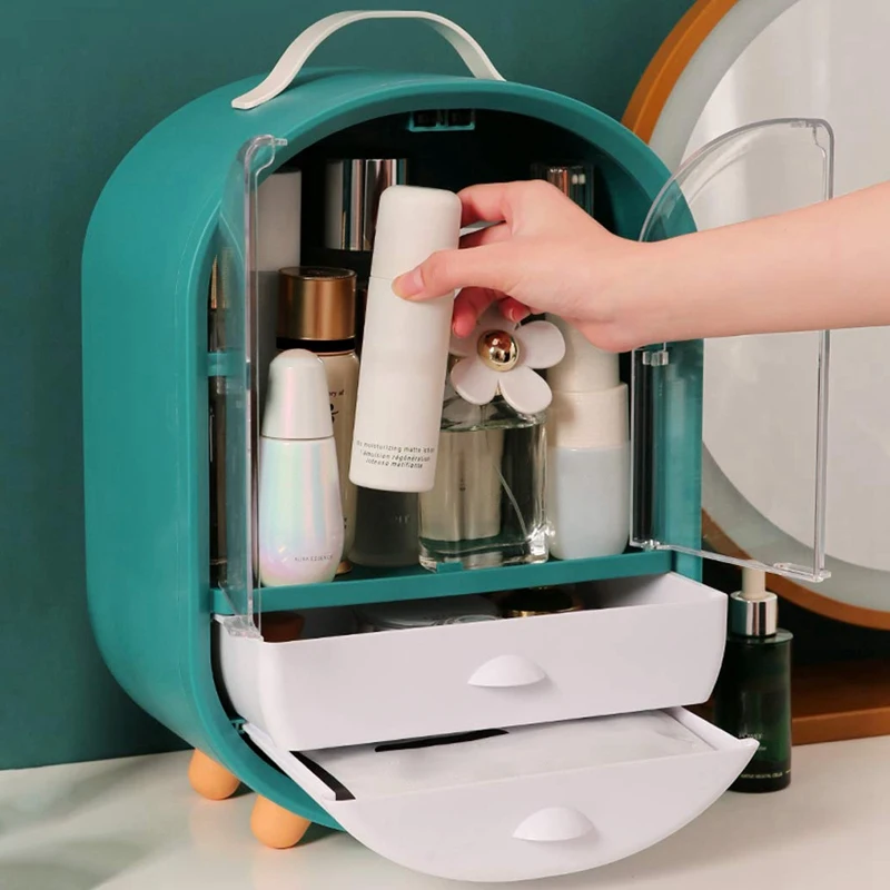 

Green Multifunctional Makeup Organizer with Dustproof Cover Drawers Jewelry Cosmetic Storage Skin Care Products Rack