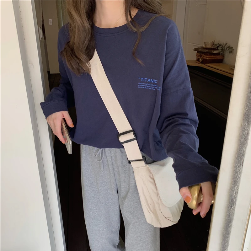 

Basic Cotton T Shirt Womens O-Neck Long Sleeves Tee Shirt Letter Print Breathable Female Top Tshirt