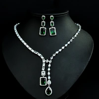hibride luxury brand green cz jewelry set for women wedding necklace earring set cubic zircon dubai bridal jewelry set ss07