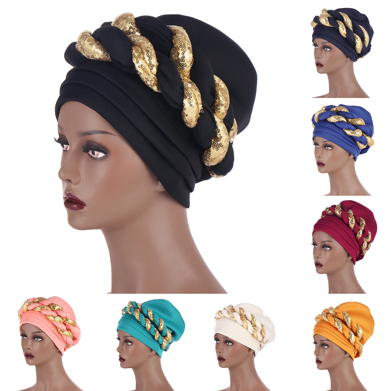 

Women's Glitter Braided Hijab Beanie Cap Turban Hat Femme Musulman Arab Head Wrap Turbantes African Exotic Headwear Scarf