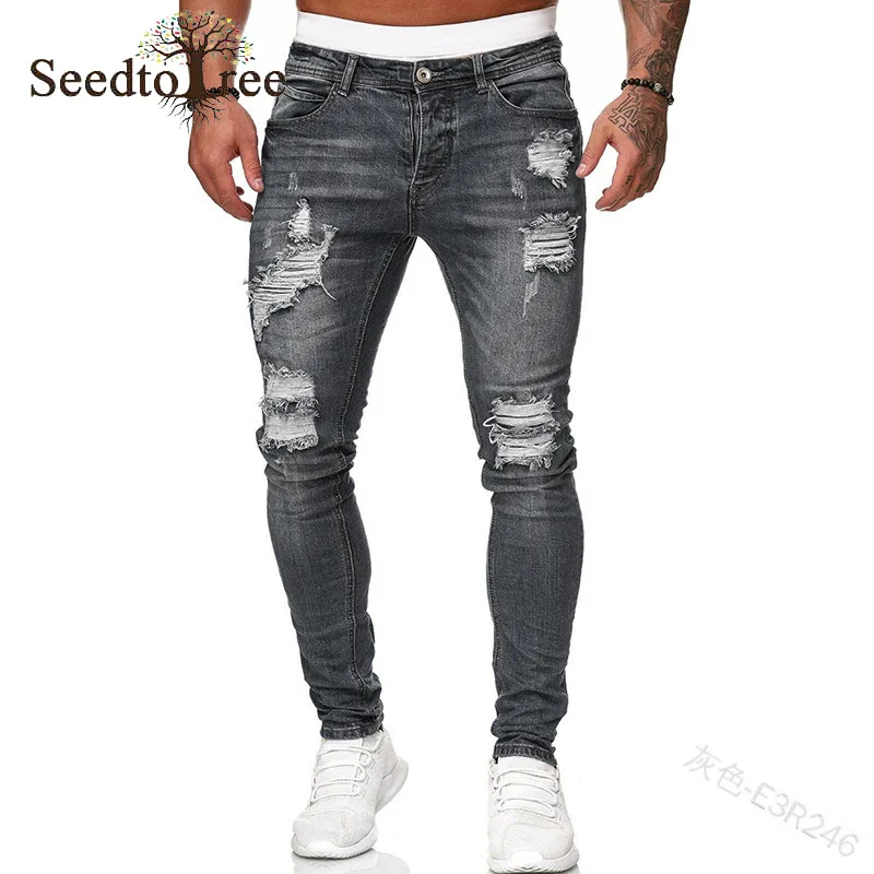 Solid color Hole Casual Men's Jeans Pencil Pants Slim Denim Trousers