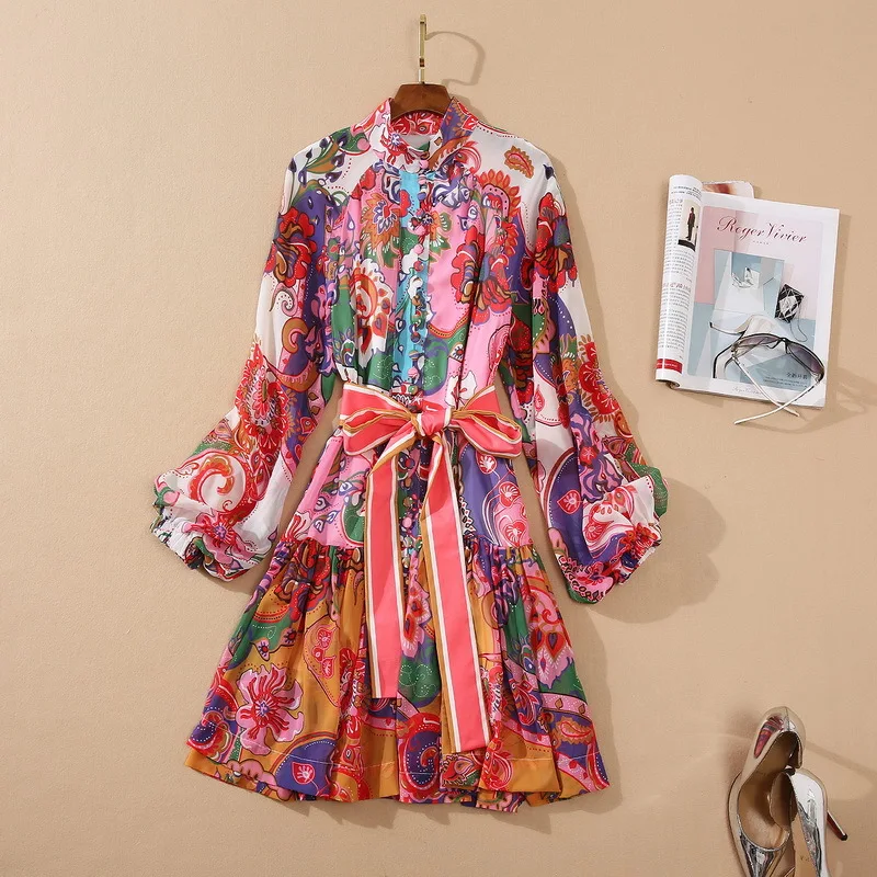 

Dress court style spring 2020 new Chiffon print collar Lantern Sleeve Dress
