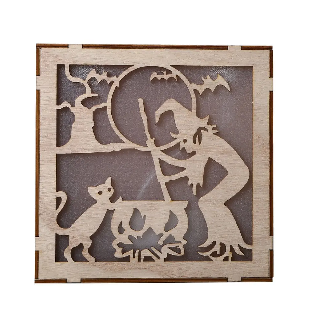 Деревянный светодиодный светильник для Хэллоуина подвесной квадратный лазерный