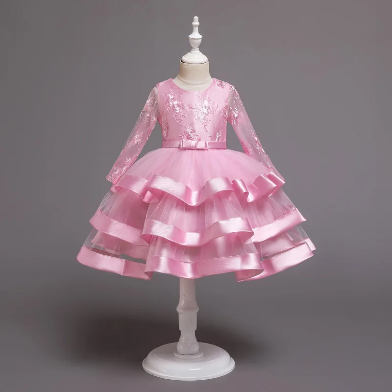 

Layered Ball Gown Wedding Bridesmaid Long Sleeve Autumn Prom Dress 2 12 Year Baby Girls Clothes Children Princess Party Vestidos