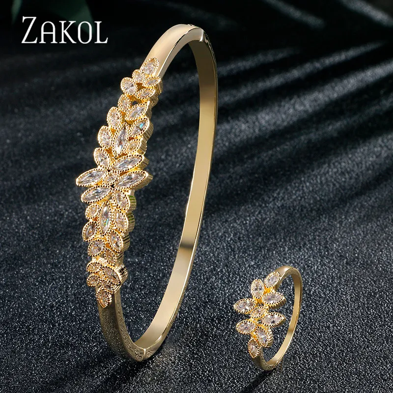 Gold Color ZAKOL элегантный кубический цирконий бабочка свадебные ювелирные изделия браслет кольцо Набор для женщин Свадьба Ужин подарок на день рождения FSSP3114 - Окраска металла: Gold Color