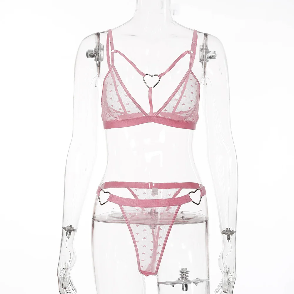 

Women New Sexy Pink Heart Lace Bra Set Bandage Bralette Bras with Brief Panties Sexy Two Pieces Babydoll Underwear Sleepwear