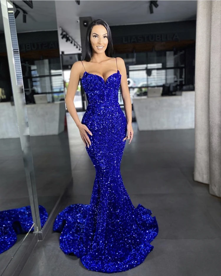 

Royal Blue Black Prom Long Mermaid Spaghetti Cocktail Sequined Women Night Sexy Wedding Party Dresses