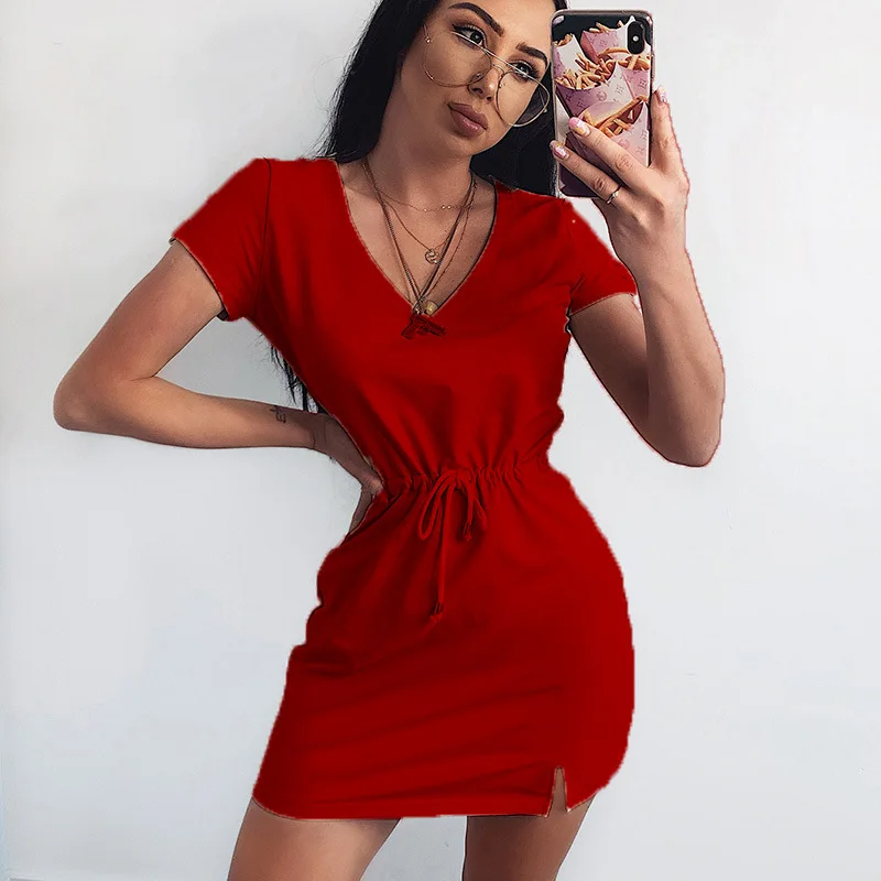 

2021 spring and summer European and American women's drawstring waist short-sleeved skirt sexy split V-neck dress