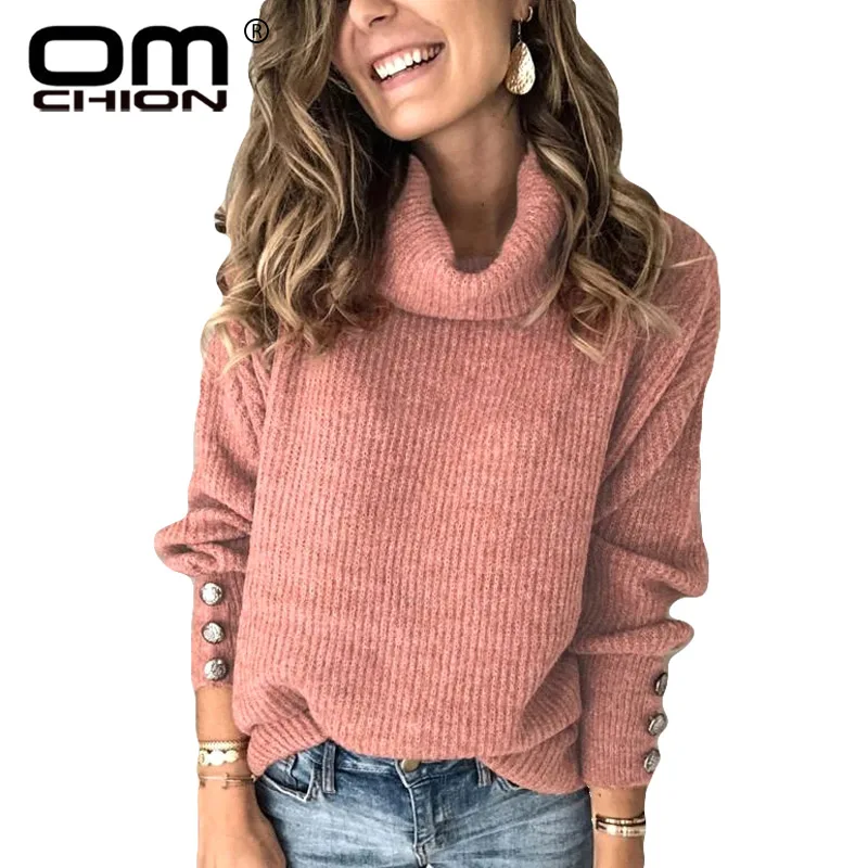 

OMCHION Sueter Mujer 2020 New Turtleneck Button Pink Sweater Women Casual Loose Korean Pullover Winter Knitwear Jumper LCS02