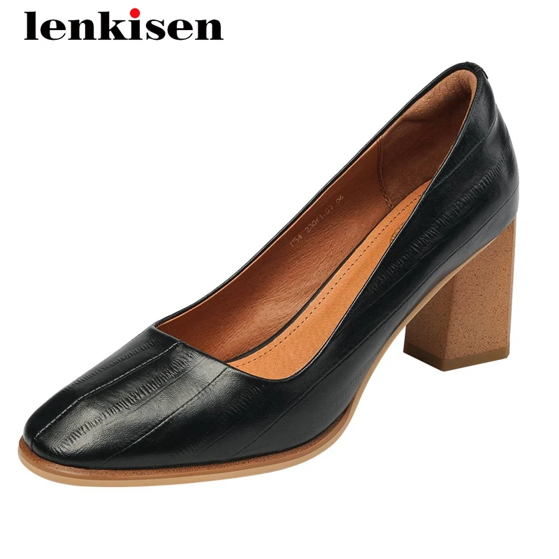 

Lenkisen high street fashion full grain leather shallow square toe thick high heel slip on beauty lady gorgeous women pumps L54