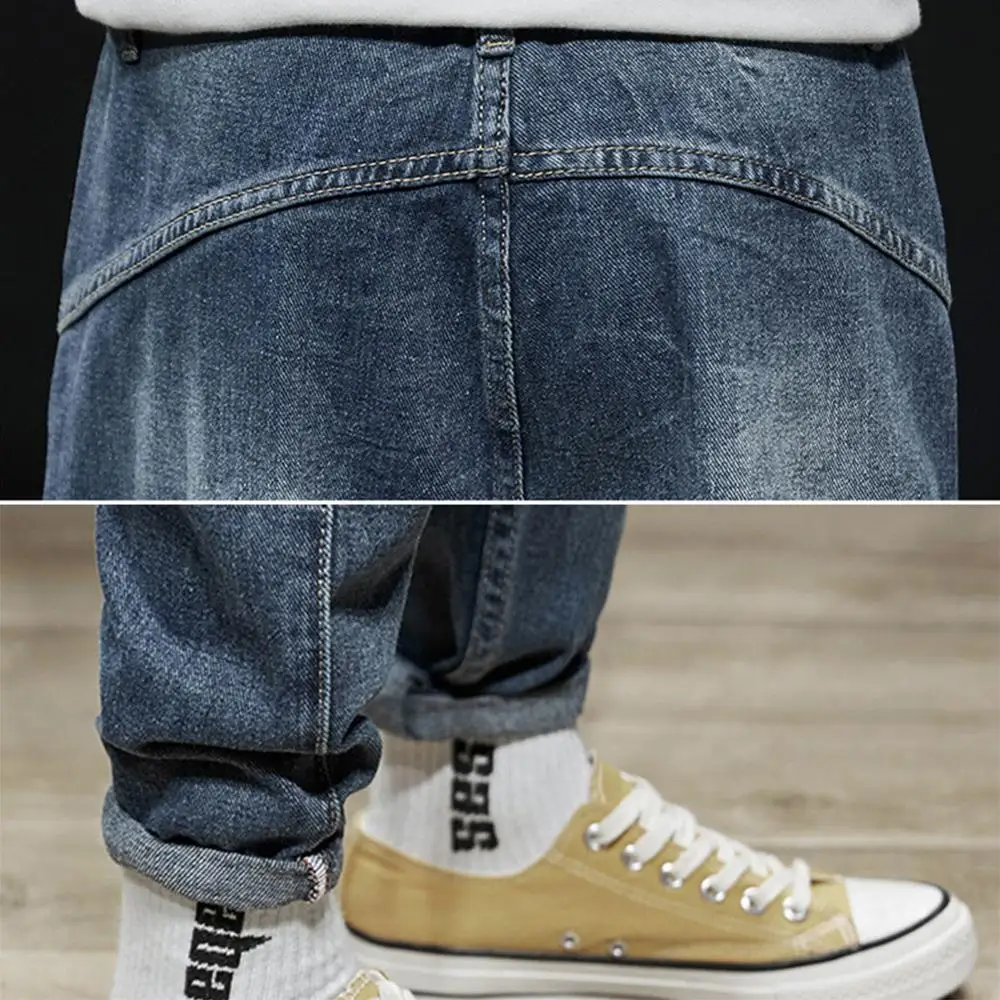 

New Men's Vintage Washed Ripped Hip Hop Big Pockets Loose Denim Cargo Harem Pants Trousers Jeans For Male