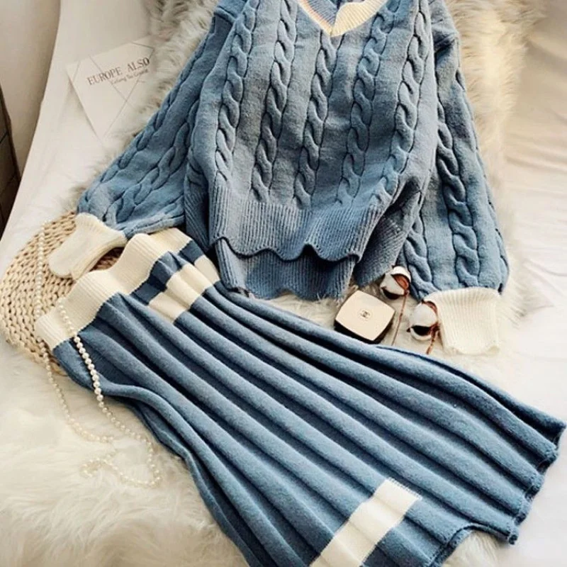 2019 женские зимние теплые комплекты из 2 частей юбок с v-образным вырезом и