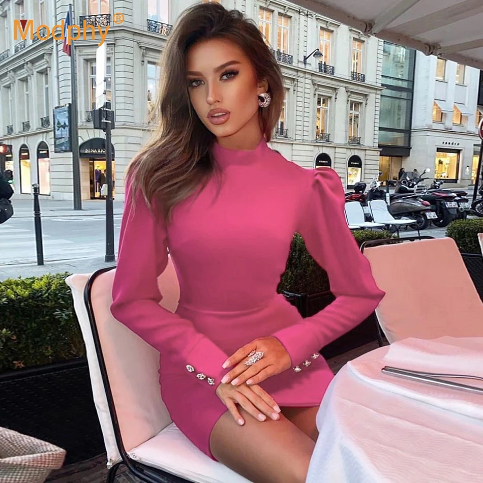 

2021 Spring New Rose Red Bandage Dress Women's Sexy Bodycon Long Sleeve High Neck Club Celebrity Evening Party Mini Vestidos