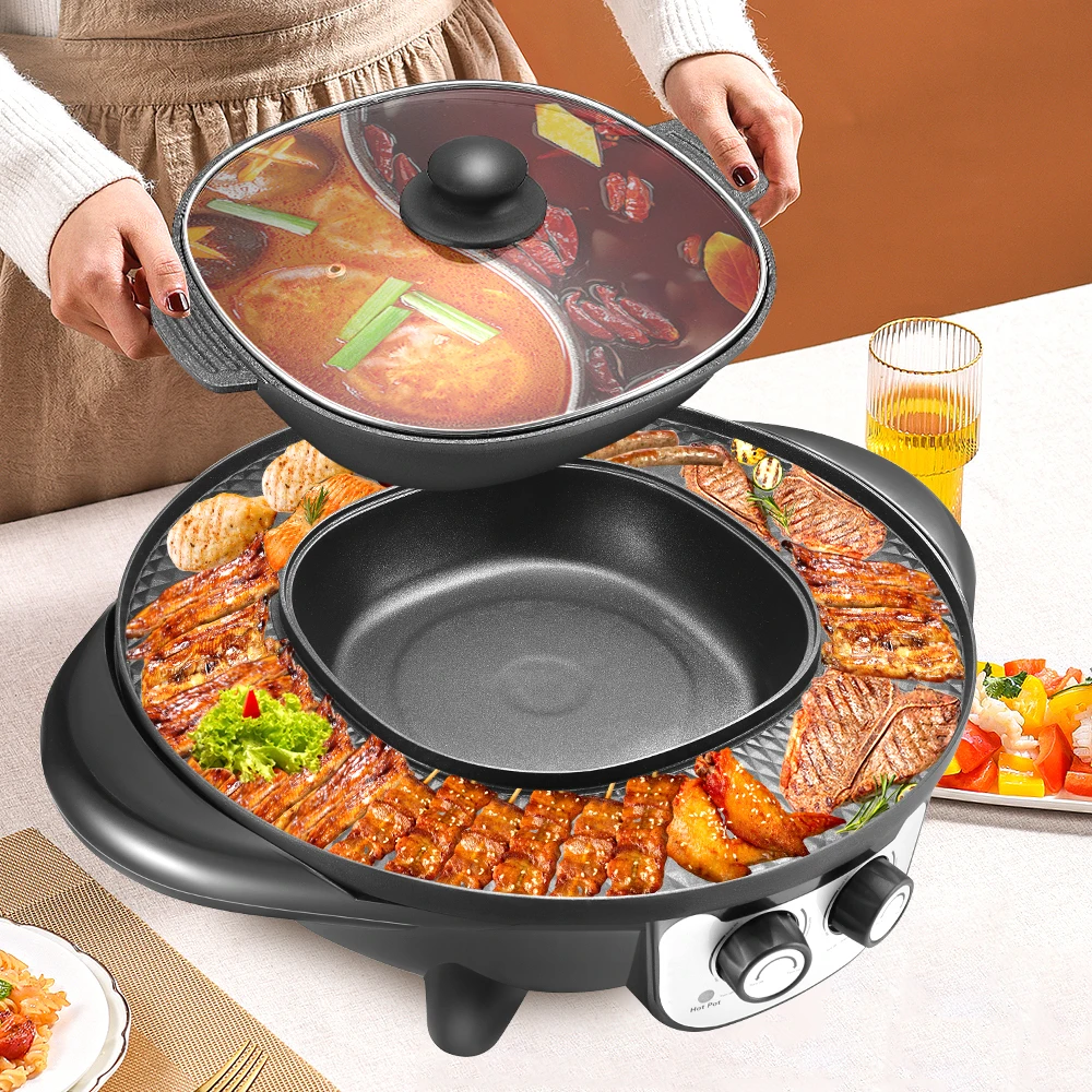 저렴한 2 In 1 휴대용 전기 그릴 팬 업그레이드 2200W 비 스틱 전기 냄비 팬 및 바베큐 플레이트 냄비 팬, 실내 야외 파티용