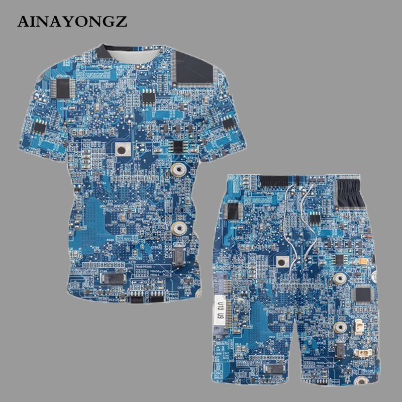 New Designer Tracksuits Summer Casual Short Sleeve Male Sets Integrated Circuit Board Print Fashion Men Clothing 2 Piece Suit