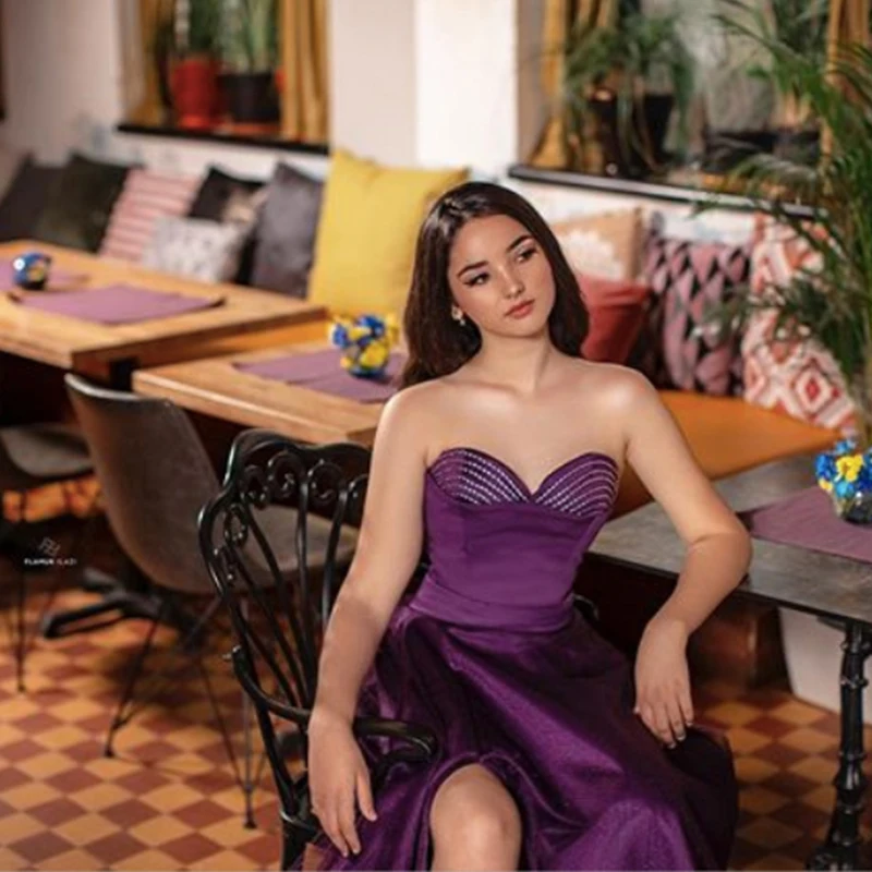 

Elegant Sweetheart Purple Satin Evening Party Dresses High Slit Tulle A-Line Floor Length Long Prom Party Gowns 2020