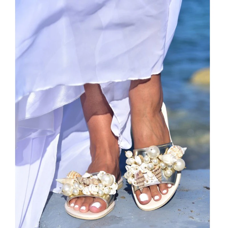 

New Women Fashion Slippers Summer Flat Bottom Handmade Pearl Shell Style Woman Sandals Outdoor Beach Open Toes Shoes Plus Size