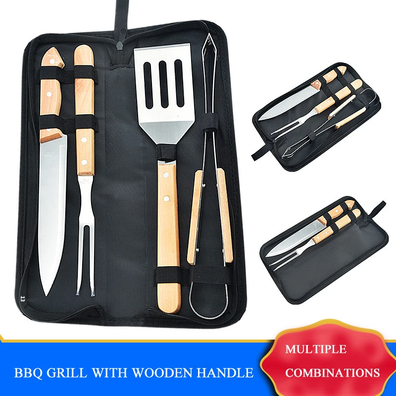 

4PCS/Set Stainless Steel Barbecue Knife Fork Tongs Spatula Sets BBQ Roasting Grilling Tool With Wooden Handle