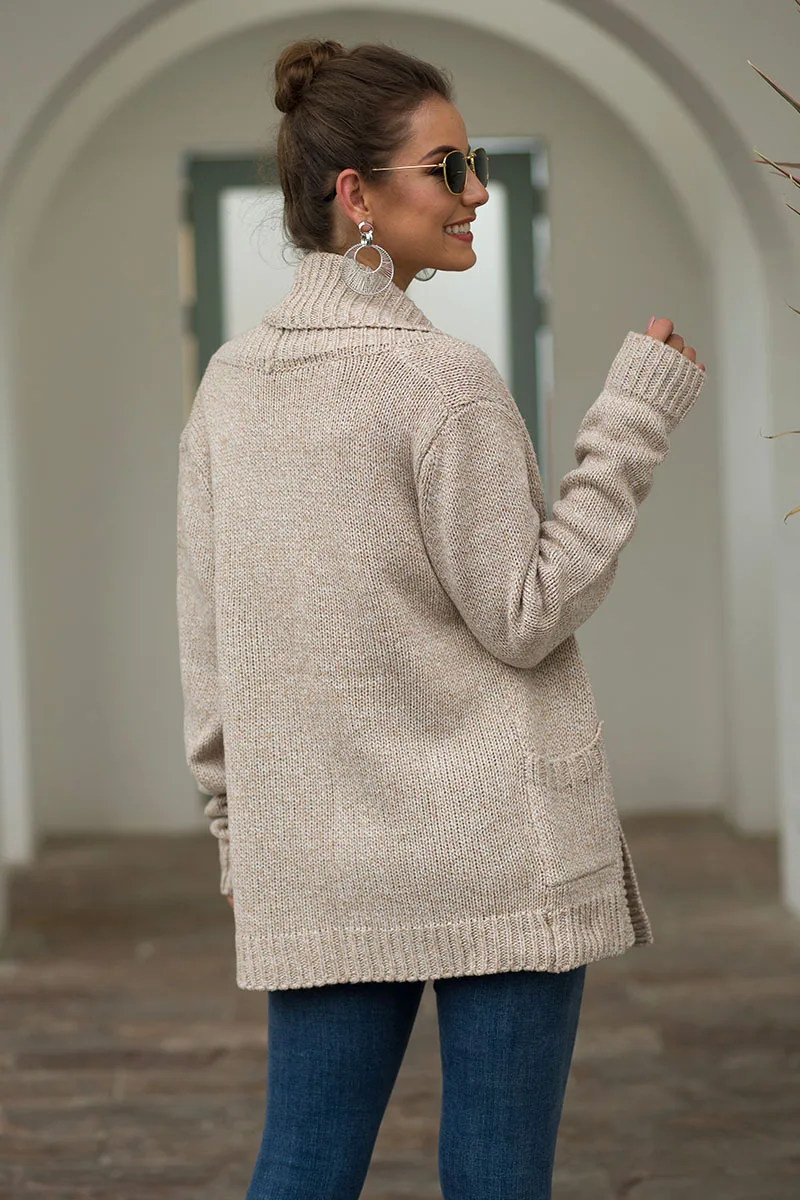 Осенне-зимний толстый вязаный женский свитер кардиган с отложным воротником