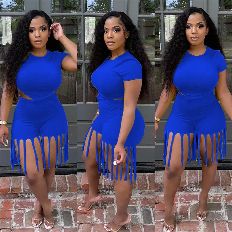 

Sexy Summer Two Piece Club Set Bandage Short Sleeve Crop Top Tassel Biker Shorts Outfits for Women Beachwear Matching Sets 2021
