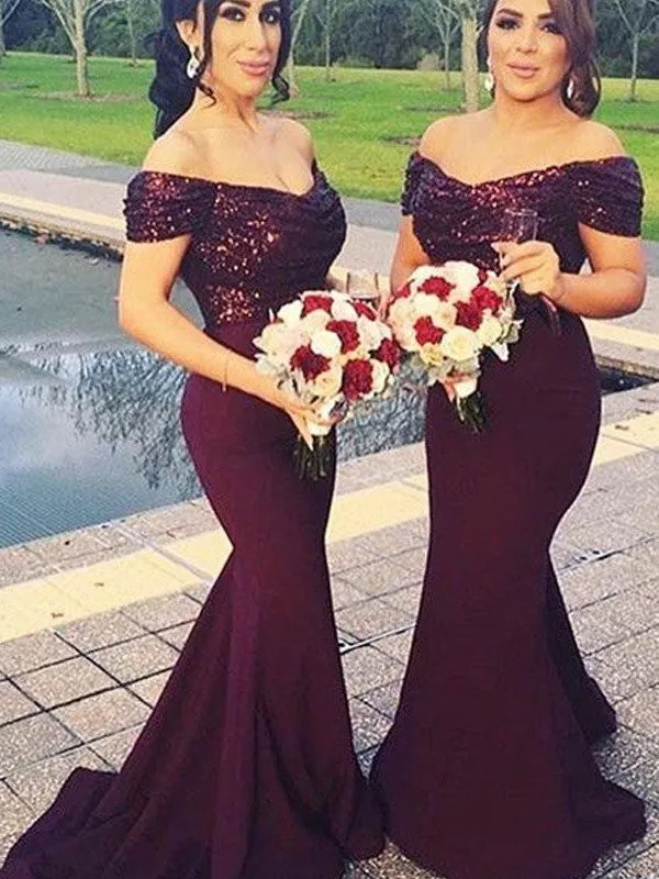 

Unique 2018 sexy backless Off-The-Shoulder Sequins boat neck Mermaid Long prom Gown vestido de noiva simple bridesmaid dresses