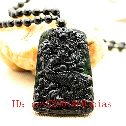 Ожерелье с подвеской в виде дракона из натурального черного и зеленого нефрита