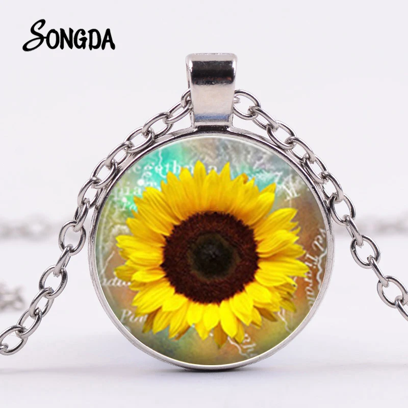 Цепочка с подсолнухом женская ожерелье яркого цвета желтым кулон со стеклянным