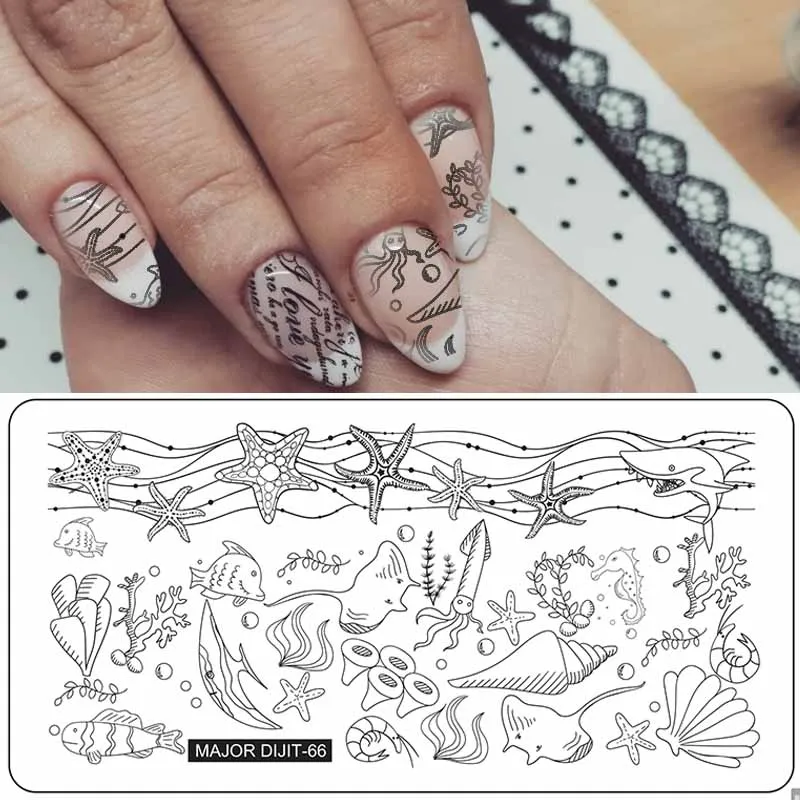Пластины для штамповки ногтей прямоугольник 3D Русалка Морская звезда Дельфин