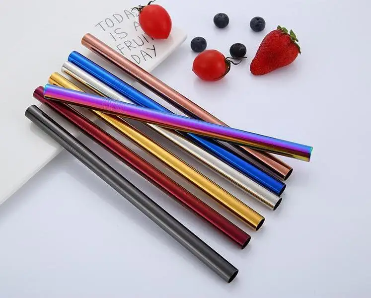 

500pcs 215*12mm Stainless Steel Straw 5 Colors Metal Colorful Drinking Reusable Straight Large Straws for Juice Coffee Wholesale