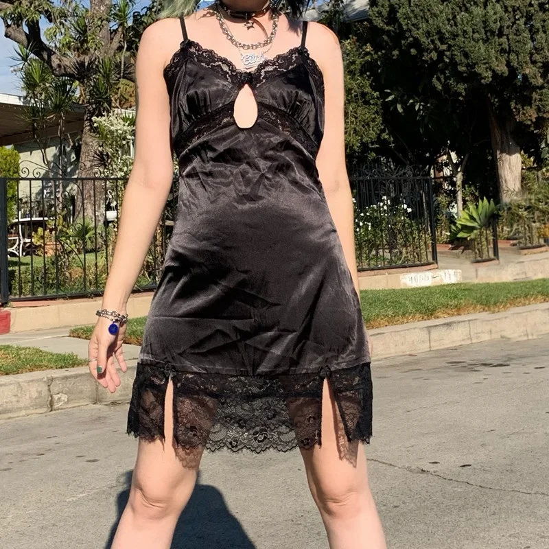

Gothic Lace Trim Mini Dress Punk Goth High Waist Silk Sexy Hollow Out Women Dress Spaghetti Strap Party Wear
