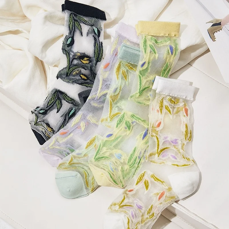 

12 Pair Socks Women Floret Japanese Sweet Card Stockings Fashion and Breathable Thin Boat Stockings Middle Tube Female Stockings