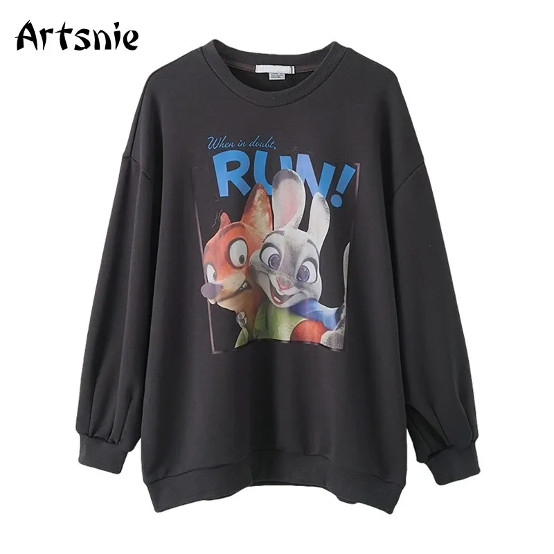 

Artsnie Autumn Gray Oversized Sweatshirt Women O Neck Long Sleeve Knitted Hoodies Streetwear Casual Disney Cartoon Sweatshirts