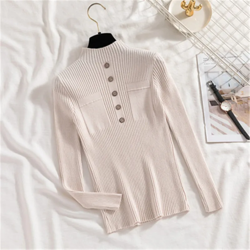2019 Autumn Winter Half Turtleneck Sweater Women Button Warm Knitwear Pullover Female Knitted Sweaters Slim Soft Bottoming Tops | Женская