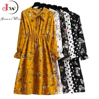 women casual spring autumn dress korean style vintage floral printed shirt dress long sleeve elegant bow midi summer vestidos
