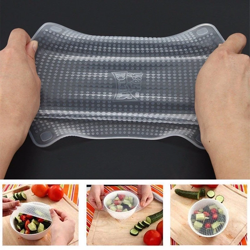 

Пластиковый силиконовый Пакет для еды 4 шт./компл., s-образная Герметичная крышка, многоразовая Вакуумная крышка, растягивающаяся и свежая пл...