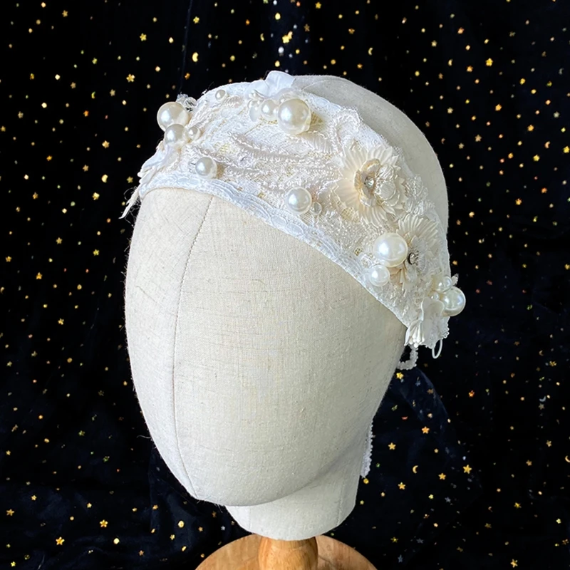 

Vintage Handmade Embroidery Floral Lace Wedding Wide Headband Imitation Pearl Beading Jewelry Hairband with Ribbon