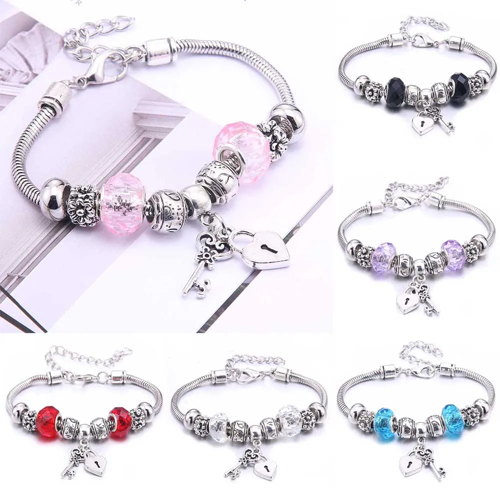 

Dropshipping Charm Bracelet & Bangles Heart Lock glass beads Brand Bracelets For Women Fashion Jewelry Girl Friendship Gift