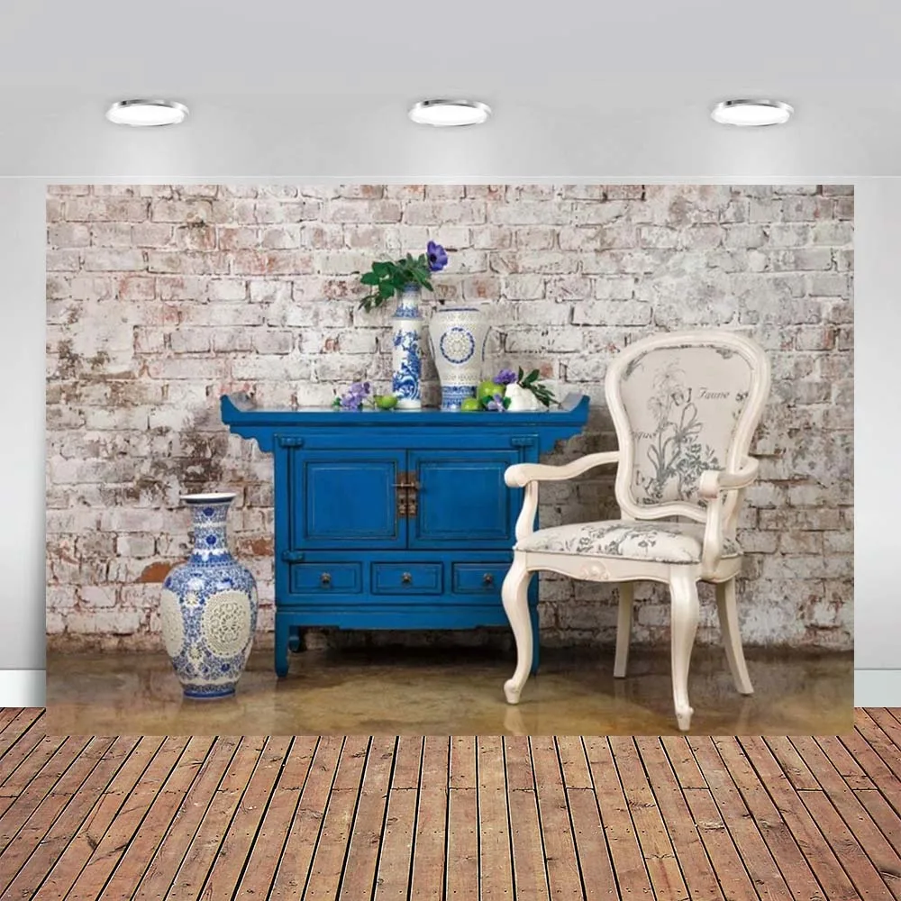 Interior Room Backdrops White Brick Wall Retro Blue Cabinet Chair Antique Vase Girls Adults Wedding Photography Background