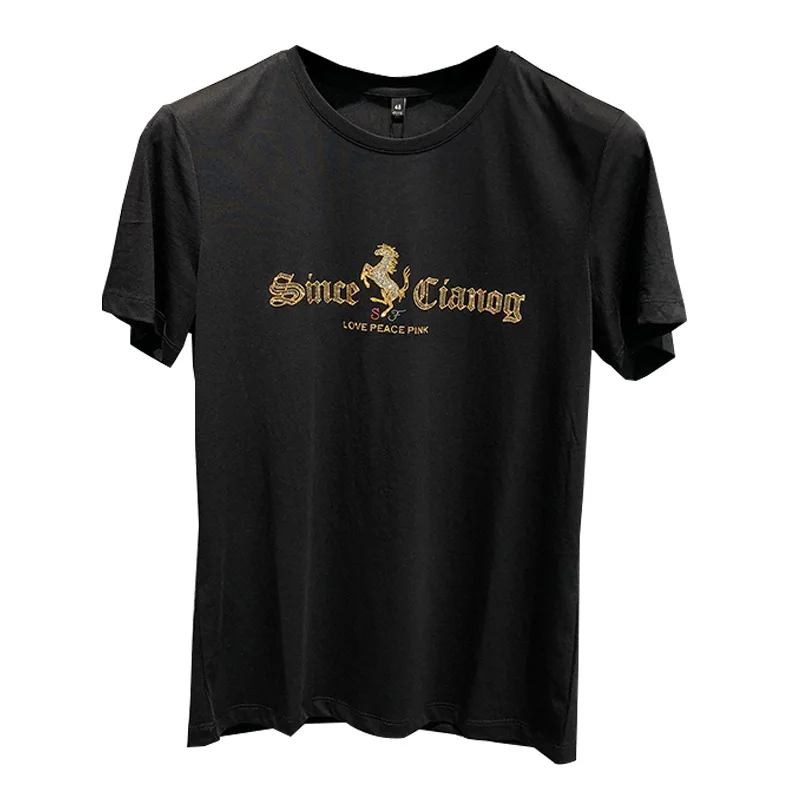 

Short-sleeved Men's Summer New Style European Station Personality Trend Horse Hot Rhinestone Round Neck Slim T-shirt Tide Brand