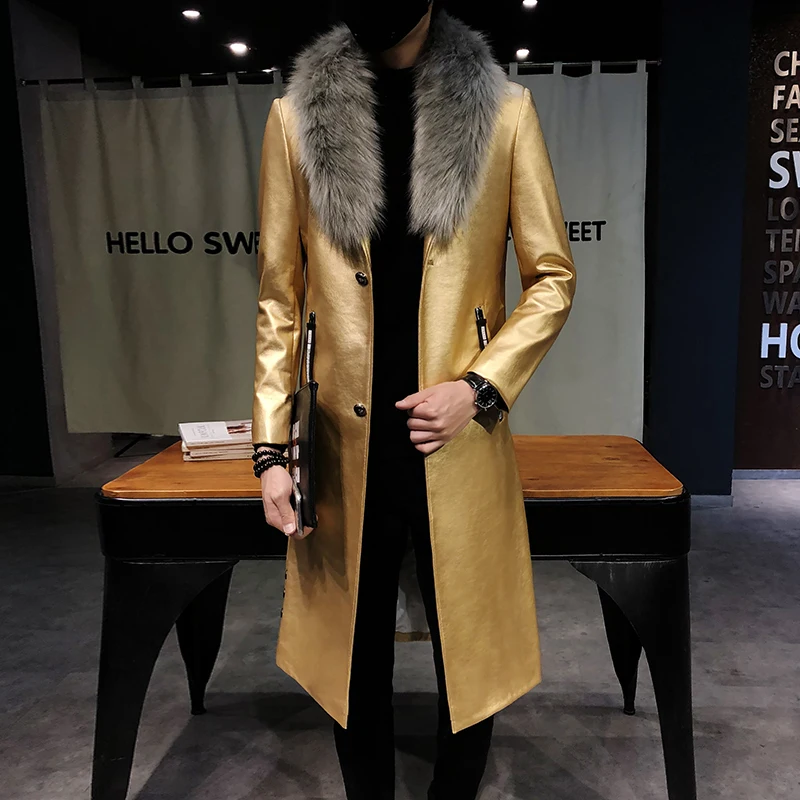 Для мужчин пальто роскошный Veste Homme золотые длинные Slim Fit Chaqueta Cuero Hombre большой