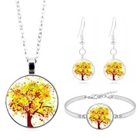 yellow tree of life art photo jewelry set glass pendant necklace earring bracelet totally 4 pcs for womens fashion party gifts
