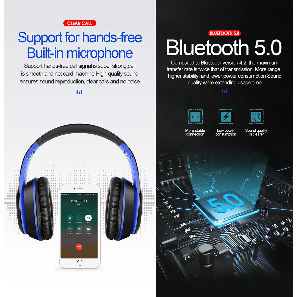 

New BT5.0 Portable Wireless Headphones Bluetooth Stereo Foldable Headset Audio Adjustable Earphones with Mic for Music