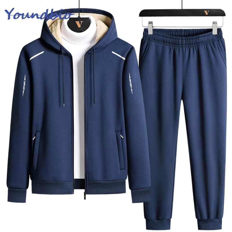

Men's Fleece Tracksuit 2021 New Winter Blue Hooded Two Piece Keep Warm Loose Men Casual Jogging Pants Sweatshirts Sport Suit