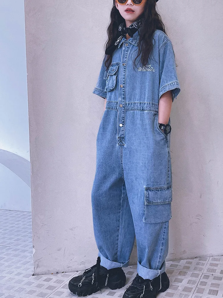 

Kids Girl One-piece Denim Overalls Summer Baby 8 10 years Jeans Jumpsuits Boys Hiphop Dance Streetwear Clothes Teenage Outfits