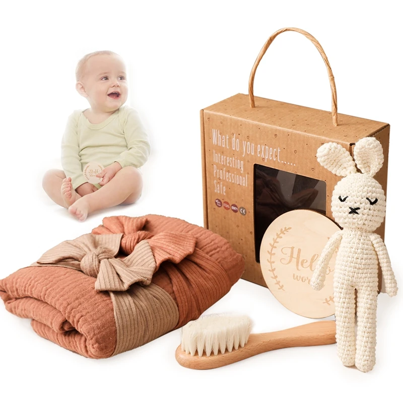 

1Set Baby Bath Toy Set Baby Bath Towel Wooden Brush Handmade Crochet Bunny Rattles Toys Infant Bath Products Newborn Bed Bell