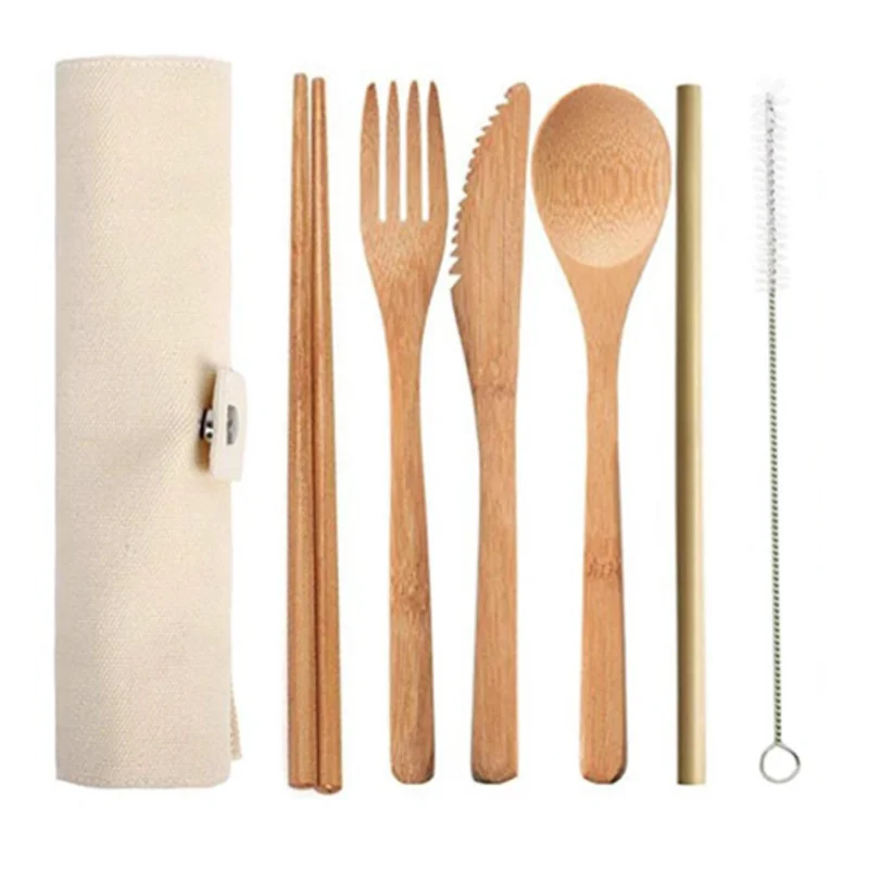 6 шт./компл. набор столовых приборов из натурального бамбука для путешествий