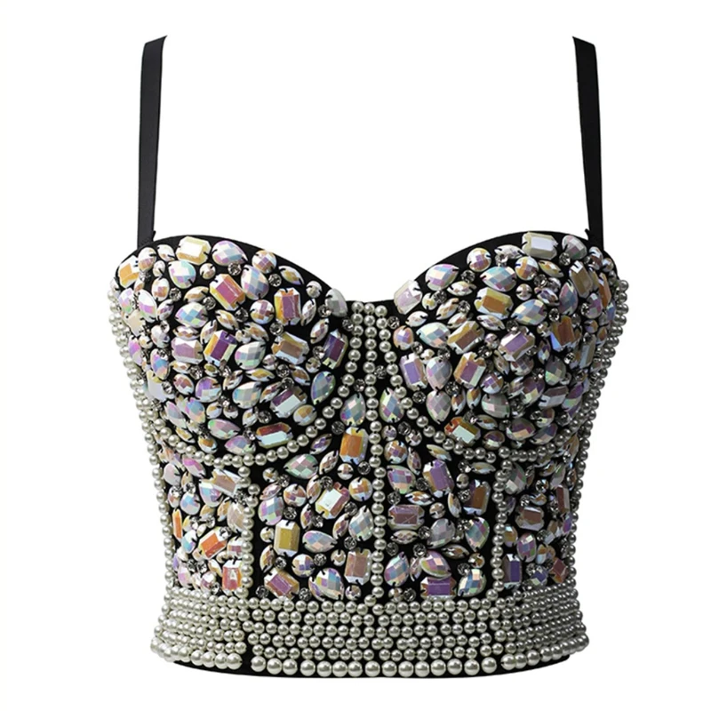 

Womens Colorful Rhinestone Push Up Bra Bustier Pearl Beaded Underwire Camisole Sexy Punk Party Clubwear Corset Crop Top