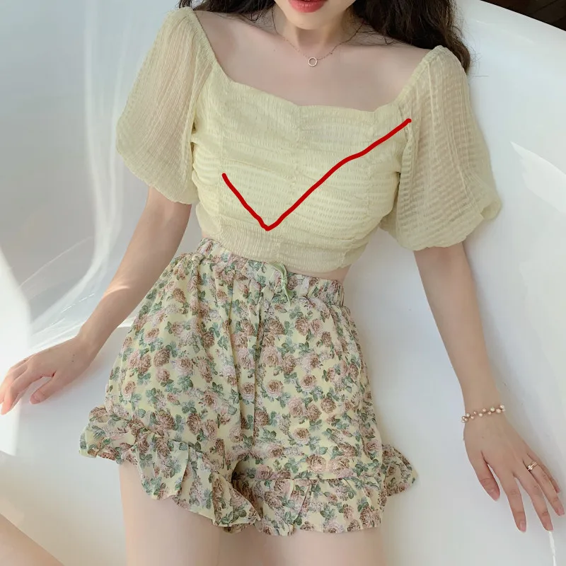 yellow blouse RUGOD/винтажная однотонная женская блузка, Элегантная футболка с пышными рукавами, Стильные корейские летние топы, женская одежда - Цвет: yellow blouse