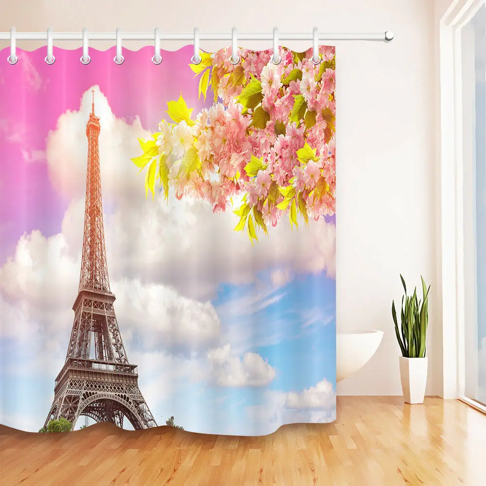 

Eiffel Tower and Flowers Shower Curtain Waterproof Fabric Polyester Bath Custom