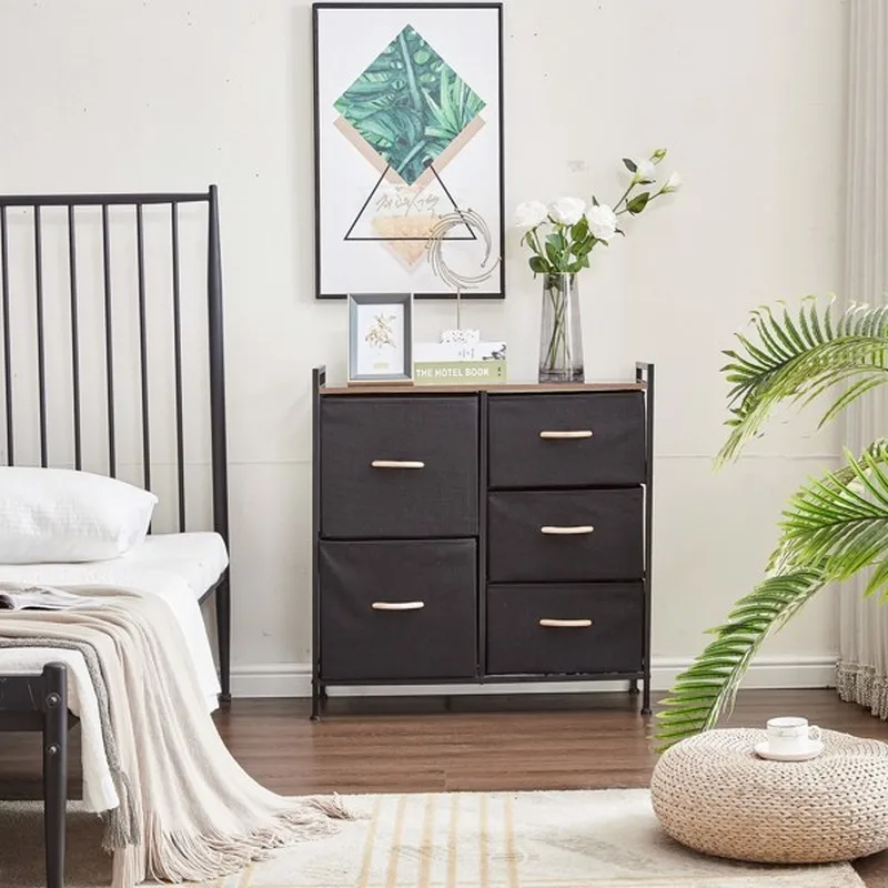

5 Drawer Dresser Storage Organizer Fabric Organizer Unit Easy Pull Bins with Steel Frame Wood Top Closets for Entryway Hallw
